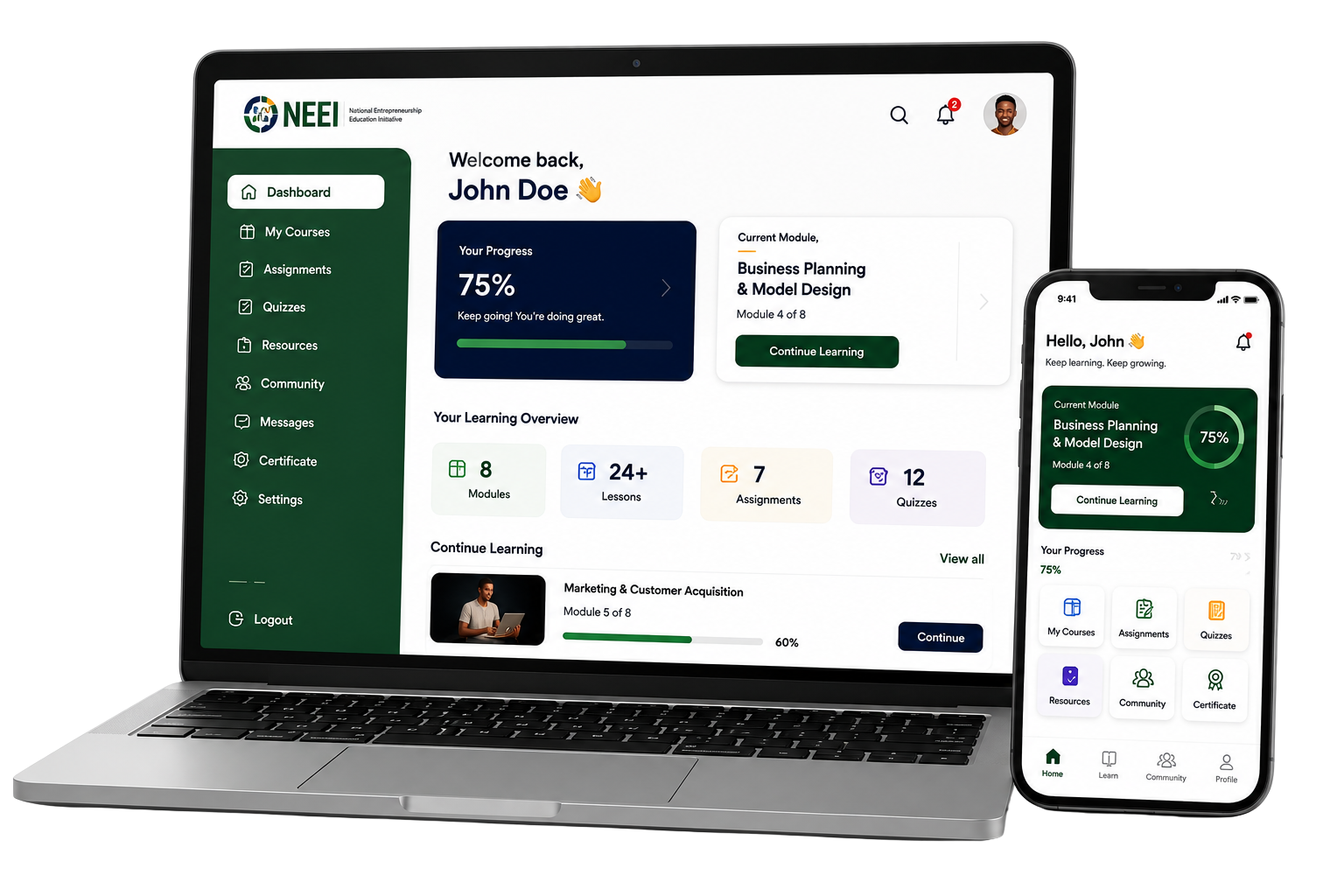 NEEI learner dashboard shown on laptop and mobile